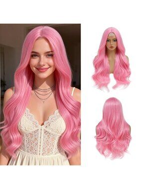 Women's Hot Pink 26 Inch Middle Part Natural Looking Synthetic Curly Wigs